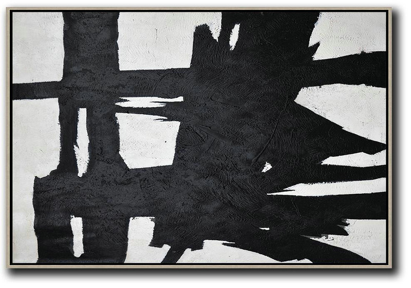 Canvas Artwork For Sale,Horizontal Minimal Painting On Canvas, Black, White And Grey Textured Art - Acrylic Minimailist Painting